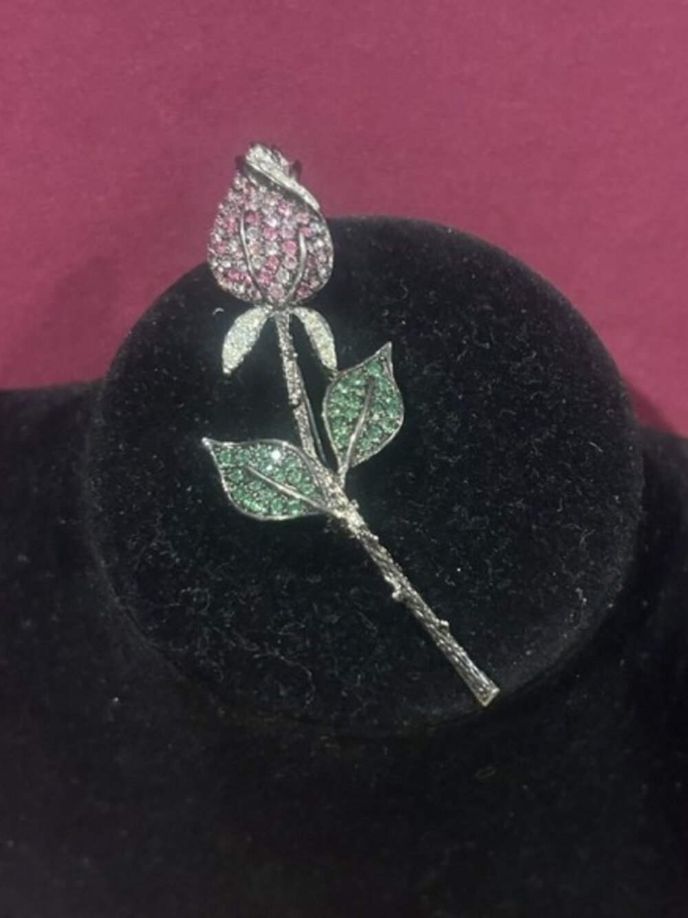 KENNETH LANE Jeweled Pink Rose Bud Rhinestones Gunmetal BROOCH